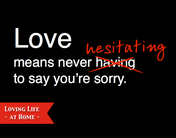 Erich Segal got it wrong: Love means never HESITATING to say you're sorry.