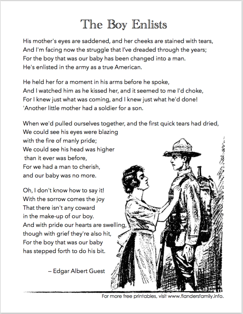 Free Printable Version of Edgar Albert Guest's wonderful poem, "The Boy Enlists"